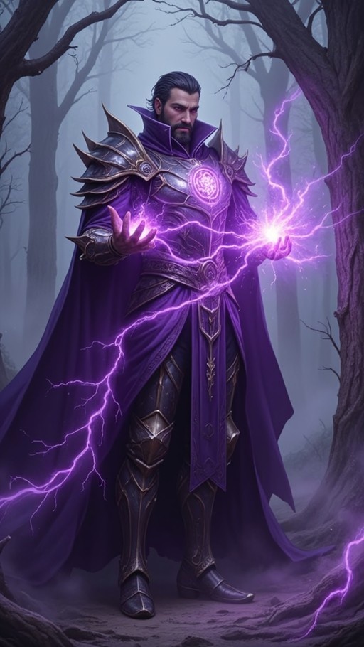 A bearded sorcerer in ornate dark armor with purple accents stands in a misty forest, conjuring crackling purple lightning between his hands.