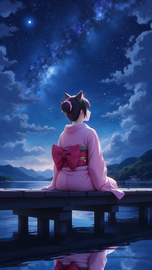 A cat-girl in a pink kimono sits on a wooden pier looking up at a starry night sky with her reflection visible in the water below.