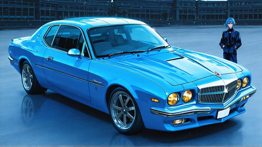 A shiny cobalt blue classic muscle car parked next to a blue-haired anime girl in a dark suit at night.