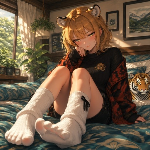 Blonde anime girl with tiger ears and white socks sitting on a sunlit bed next to a real tiger.