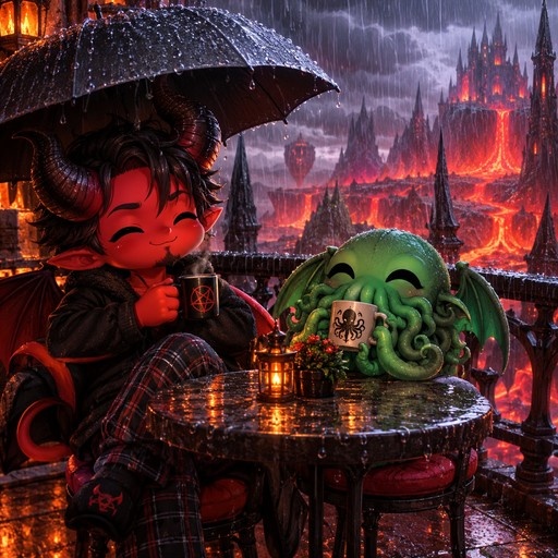 A chibi red-skinned demon boy with curved horns and wings sits under an umbrella on a rainy balcony, drinking from a mug next to a green Cthulhu creature with tentacles. They share a table with a lantern against a backdrop of flowing lava and dark spires.