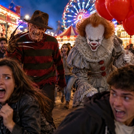 Freddy Krueger and Pennywise standing among a crowd at a nighttime fair with a lit Ferris wheel in the background.