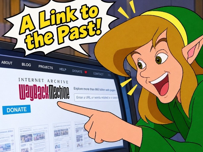 Link from The Legend of Zelda points at a computer screen showing the Internet Archive Wayback Machine website with a speech bubble saying "A Link to the Past!"