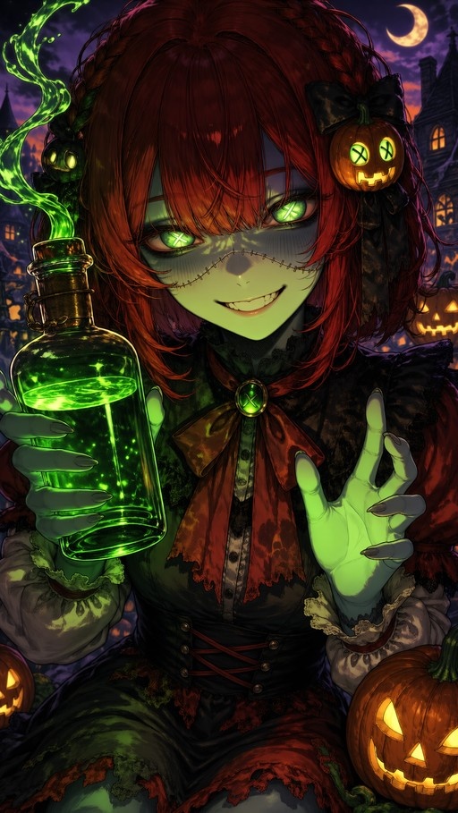 Sally from The Nightmare Before Christmas holding a glowing green potion bottle with jack-o'-lanterns in the background.