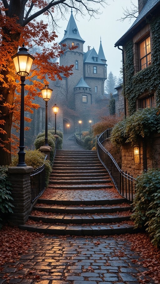 A stone staircase lined with glowing lamps leads up to a foggy gothic castle surrounded by autumn trees.