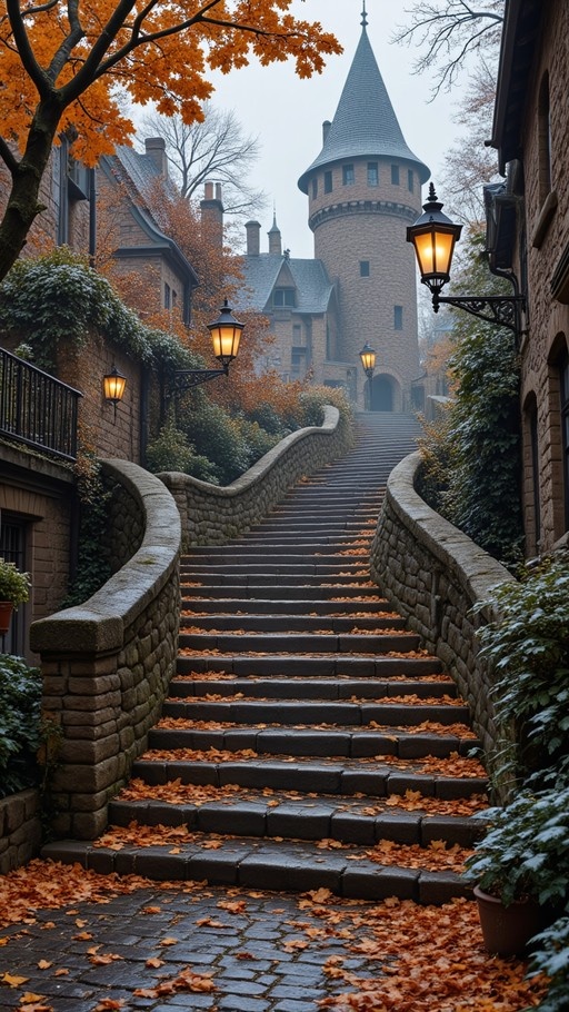 Winding stone stairs covered in fallen autumn leaves lead up to a castle tower illuminated by vintage street lamps.