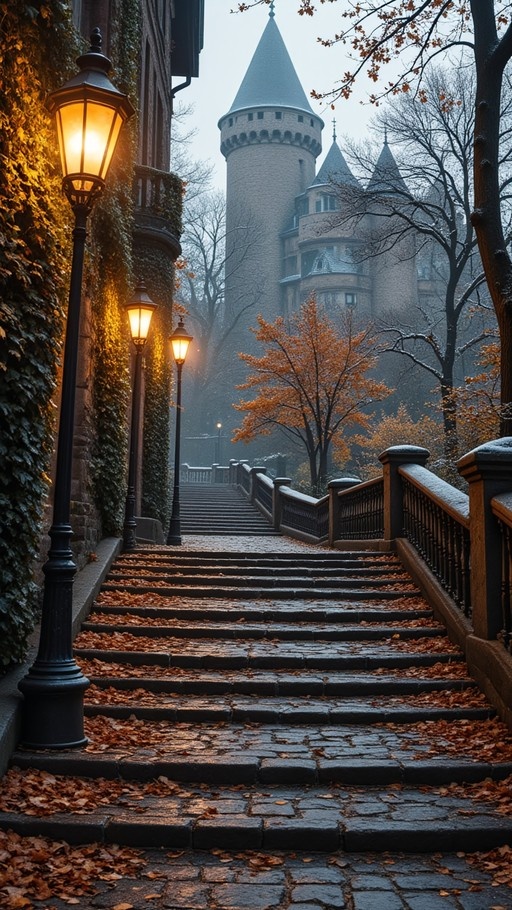 A stone staircase covered in autumn leaves leads up to a misty gothic castle with glowing street lamps.