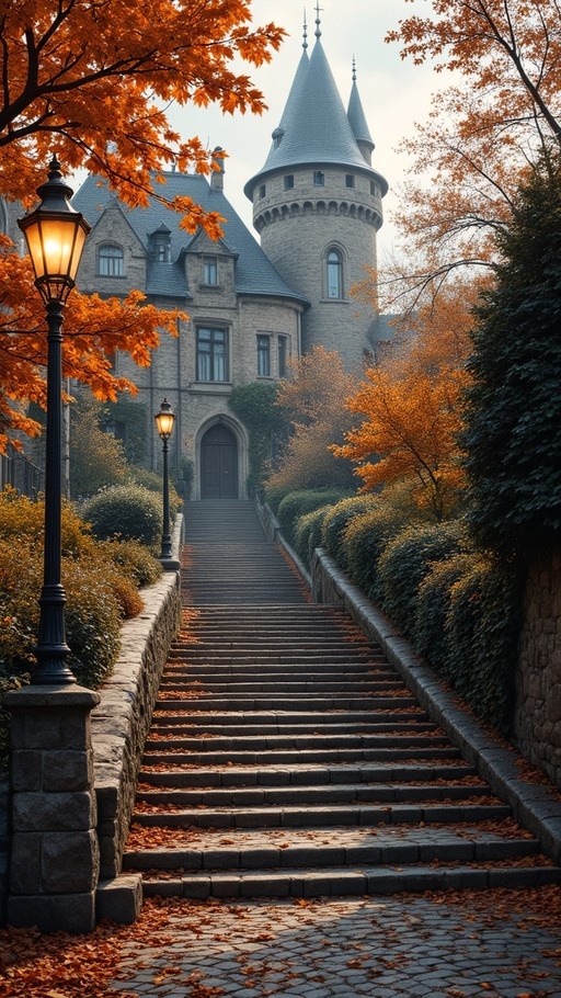 A stone staircase covered in fallen leaves leads up to a gothic castle tower illuminated by glowing street lamps on an autumn day.