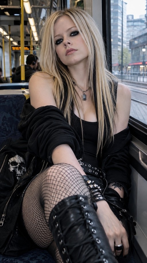 Avril Lavigne sitting on a city tram wearing fishnets and a black jacket with a skull design.