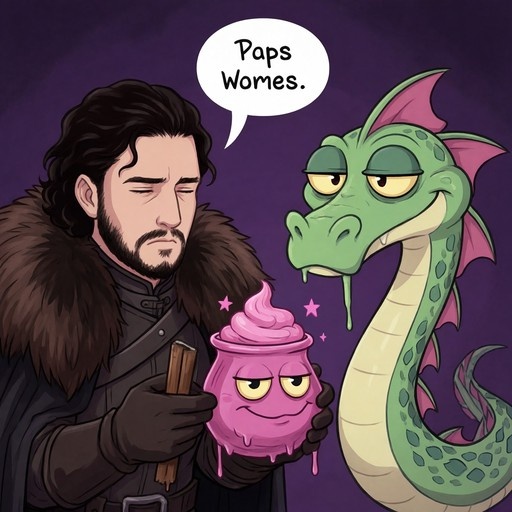 Jon Snow holding a cute pink poop character with eyes while a green dragon looks on with a speech bubble reading "Paps Womes."