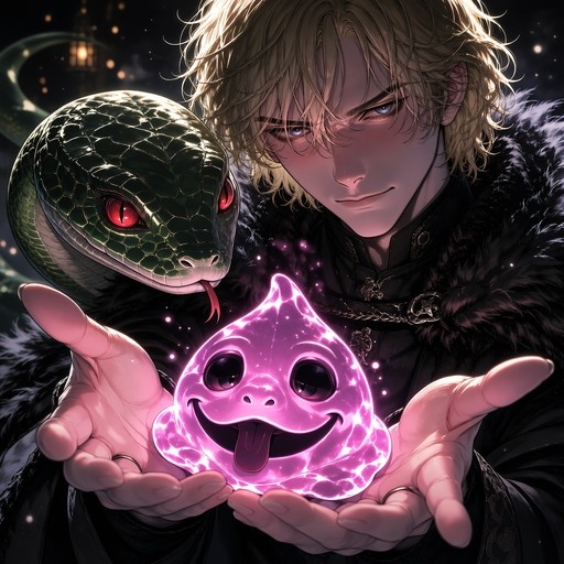 A blonde-haired man in a dark fur-collared cloak holds a glowing, smiling pink poop-shaped creature while a large green snake looks on.