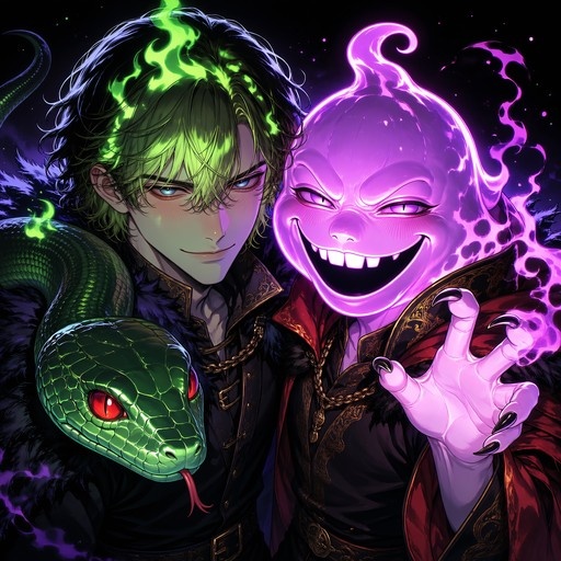 Jon Snow stands next to a large green snake and a glowing purple anthropomorphic poop character.