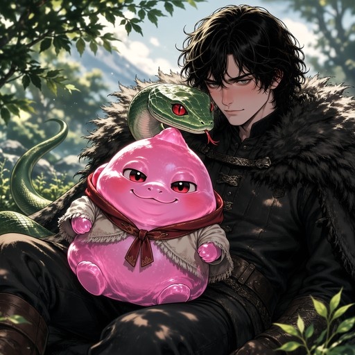 Jon Snow sits outdoors with a green snake draped over his shoulder and a large pink slime creature wearing a jacket resting on his lap.