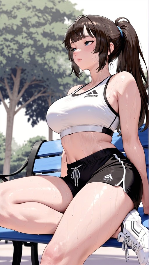 An anime-style girl with a brown ponytail sits on a blue park bench wearing a white sports bra and black shorts, covered in sweat after a run.