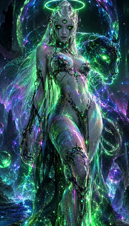 A pale-skinned woman with long white hair and a glowing green halo dances in a cosmic setting, accompanied by a spectral panther.