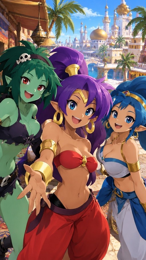 Shantae, Rottytops, and Sky smiling in an exotic Arabian-style city with golden domes.