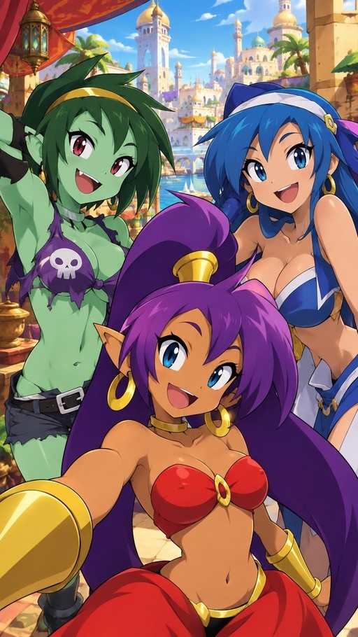 Shantae, Rottytops, and Sky smiling in an exotic city