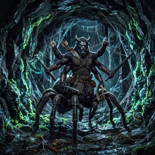 A multi-armed horned spider-centaur monster holding an axe, sword, and bow stands in a dark cave with glowing green moss and webs.