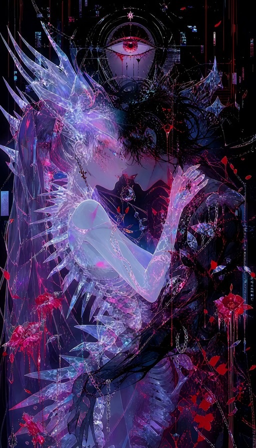 A digital illustration of a pale woman with long hair and a dark-haired man in profile, about to kiss, surrounded by sharp crystal formations and red flowers under a large watching eye.