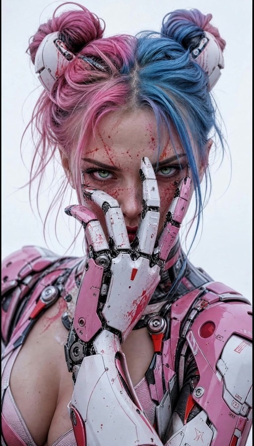 A woman with pink and blue hair in space buns wears pink sci-fi armor and a large mechanical hand while falling through a white void filled with floating rocks.
