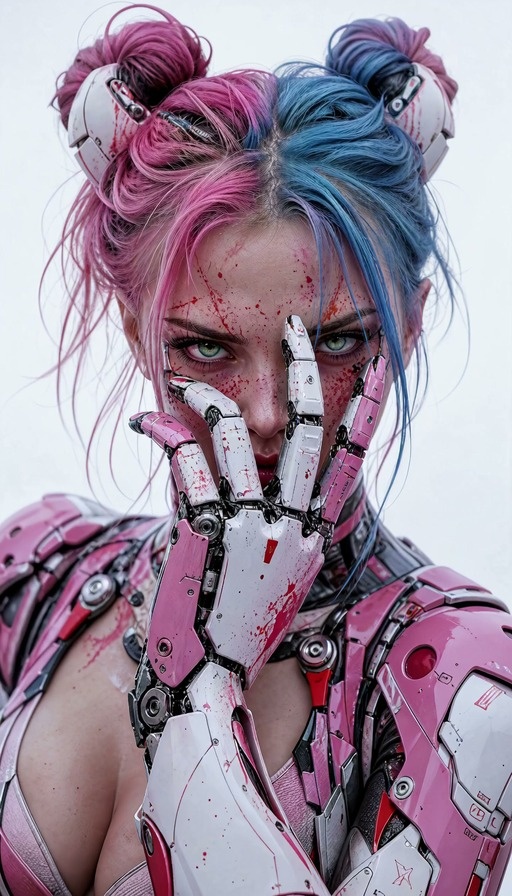 Cyberpunk Harley Quinn with pink and blue hair buns and a mechanical arm in a cinematic video.
