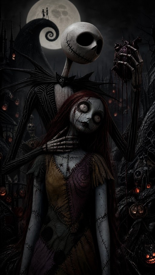 Jack Skellington holding a bloody heart behind Sally under a full moon