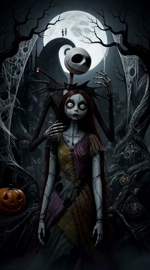 Jack Skellington and Sally stand together under a full moon surrounded by jack-o'-lanterns.