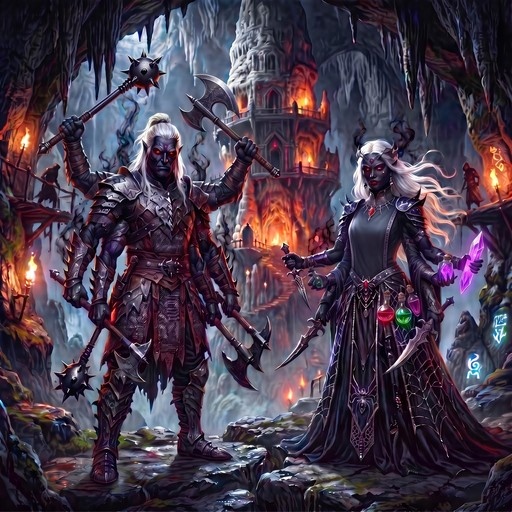 Two dark-skinned, white-haired fantasy characters with red eyes and horns stand in a cave. The left figure has multiple arms holding axes and a mace, wearing armor. The right figure holds daggers, potions, and a purple crystal, wearing a long dress.
