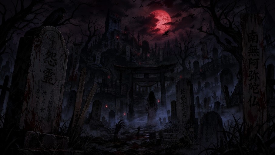A digital illustration of a spooky anime graveyard with a large red moon, a torii gate, and a ghostly figure standing among tombstones.
