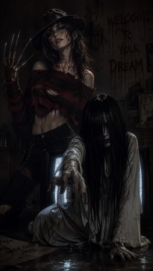 A gender-bent female Freddy Krueger wearing a fedora and claw glove stands behind Sadako Yamamura, who crawls out of an old television set.