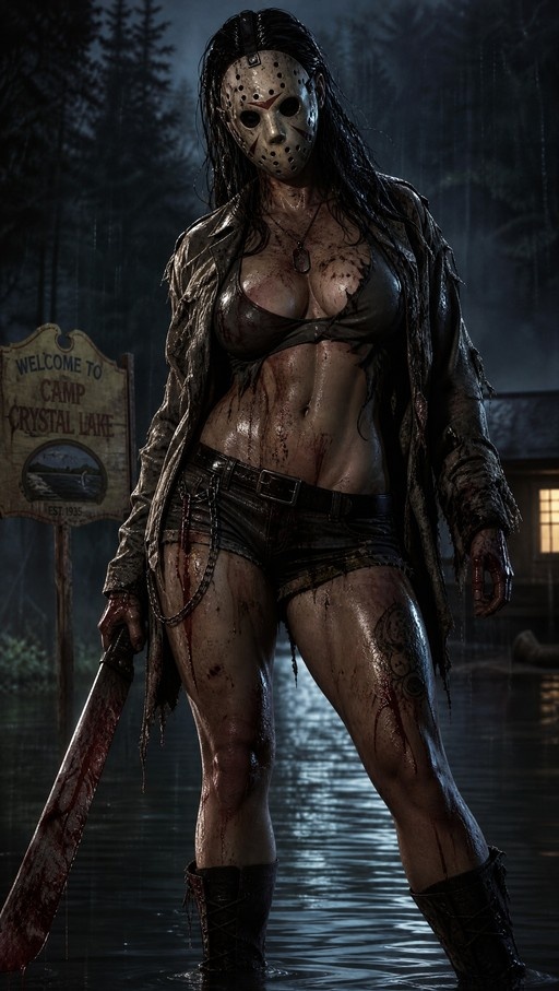 A female version of Jason Voorhees wearing a hockey mask, tattered jacket, and shorts holds a bloodied machete while standing in rain near a Camp Crystal Lake sign.