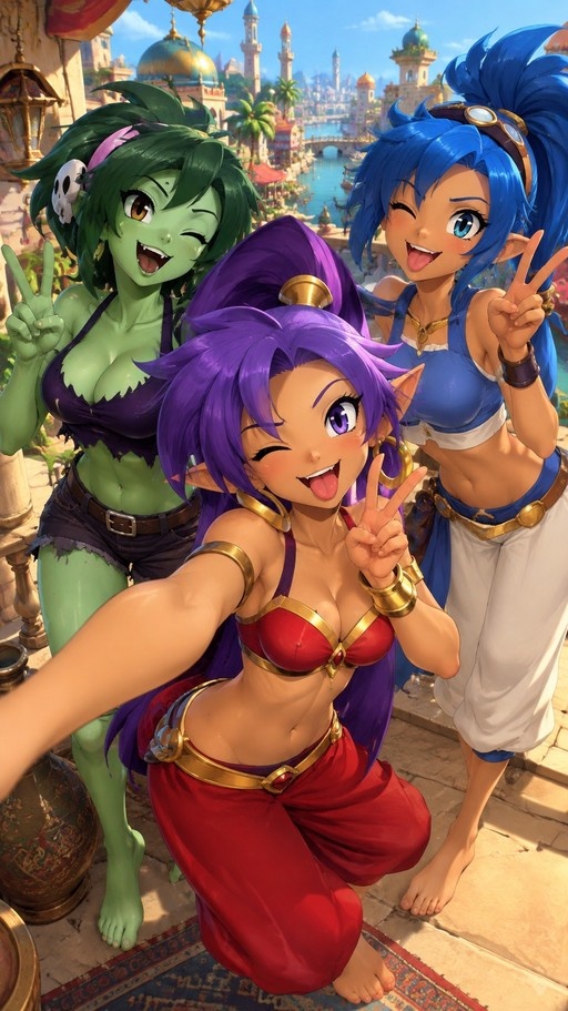 Shantae, Rottytops, and Sky pose playfully for a group selfie in an exotic city setting.
