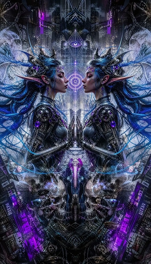 A blue-haired elf in silver armor breaks through a glass surface into 3D space.