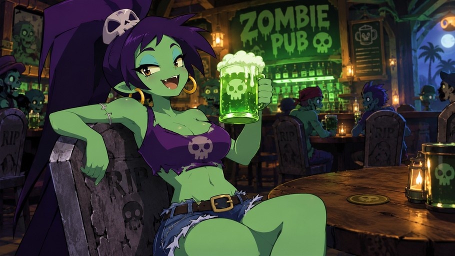 Rottytops from Shantae sitting on a tombstone chair in a zombie pub, holding a mug of green beer with a skull design, wearing a purple crop top and denim shorts.