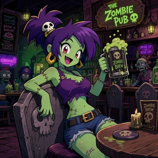 Green-skinned zombie woman with purple hair holding a mug of green beer in a pub