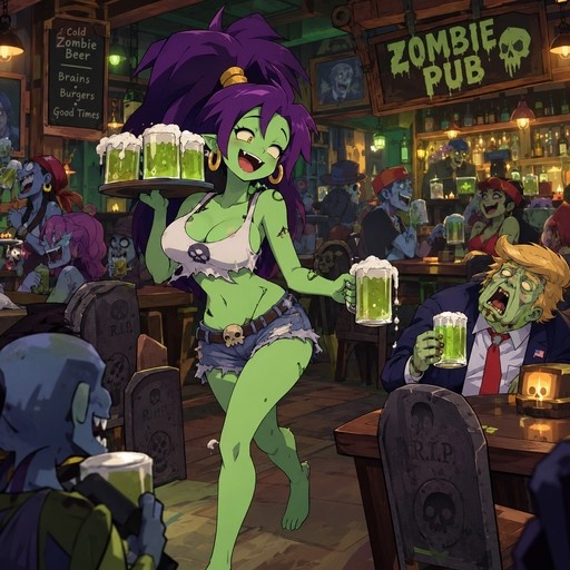 Green-skinned Rottytops with purple hair serves green beer in a zombie pub while a zombie Donald Trump drinks nearby.