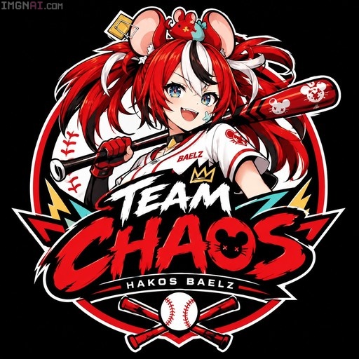 Hakos Baelz from Hololive English's Team Chaos wearing a baseball uniform and holding a bat in front of a team logo.