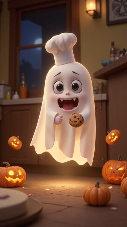 A cute glowing white ghost wearing a chef's hat floats in a kitchen holding a chocolate chip cookie surrounded by jack-o-lanterns.