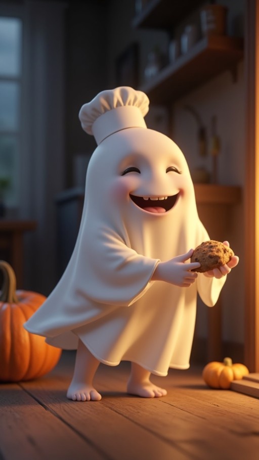 A cute white ghost character wearing a chef hat holds a chocolate chip cookie in a dimly lit kitchen with pumpkins nearby.