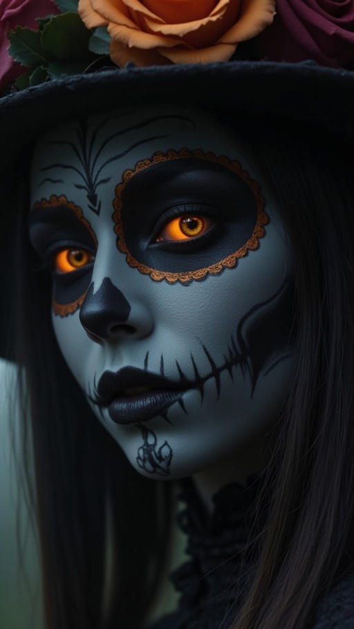 Close-up portrait of a woman with grey skin and Day of the Dead makeup featuring glowing orange eyes and an orange rose on her hat.