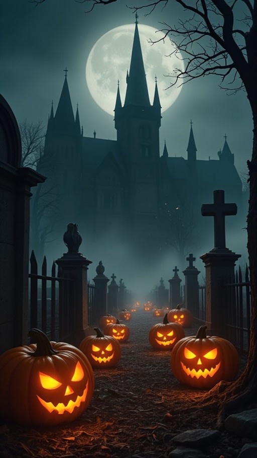 Glowing carved pumpkins line a misty path in a graveyard with a gothic cathedral and full moon.