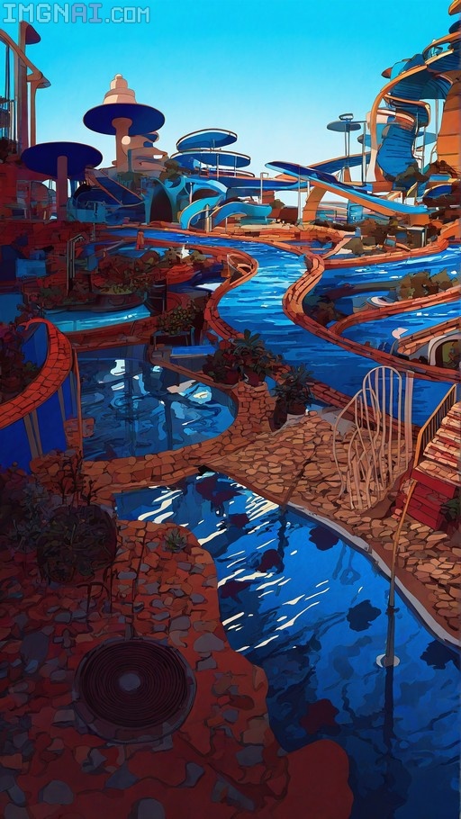 An abstract mosaic digital illustration of a futuristic waterpark featuring winding blue water channels, reddish-brown stone pathways, and stylized structures under a clear blue sky.