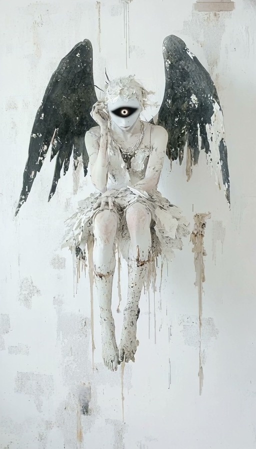 A one-eyed winged female figure in a tattered white dress pushes through and breaks out of a large framed panel.