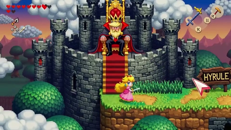 Pixel art gameplay showing Princess Peach walking past a sign for Hyrule while King Trump sits on a throne above.