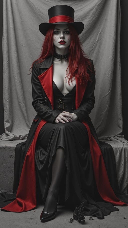 A pale woman with long red hair sits on a concrete block wearing a black top hat and a long black coat with red lining.