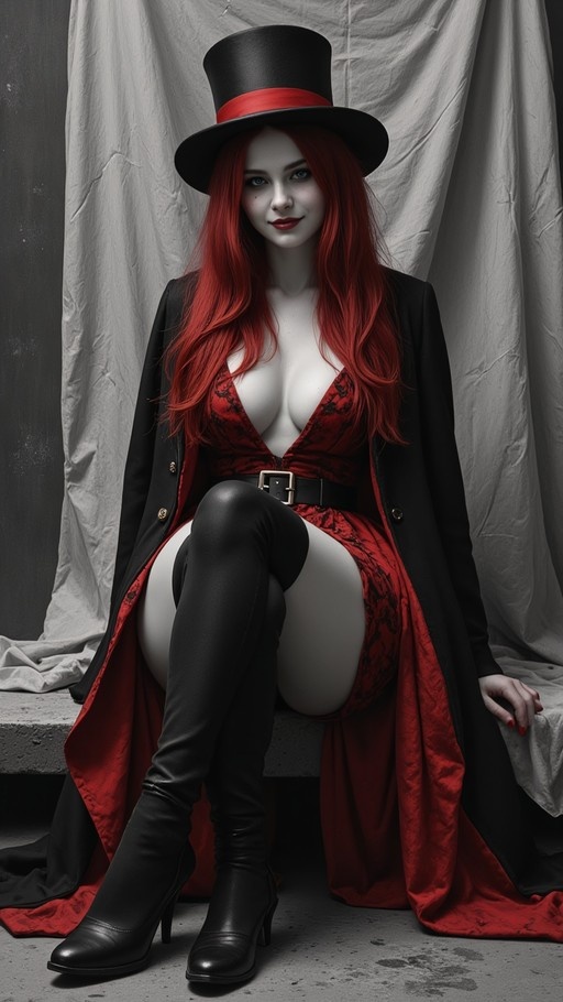 A woman with long red hair wearing a black top hat and a deep red dress under a black coat sits on a concrete slab.