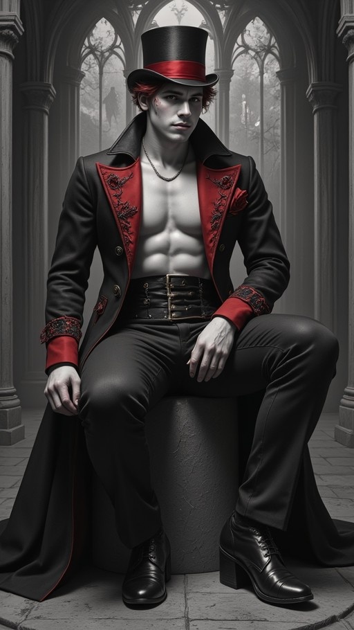 A pale man with red hair sits on a stone block in a gothic cathedral wearing a black top hat and an open black coat with red lapels revealing his bare chest.