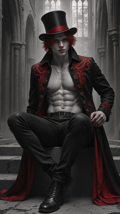A pale man with red hair sitting on stairs wearing a top hat and open gothic coat.