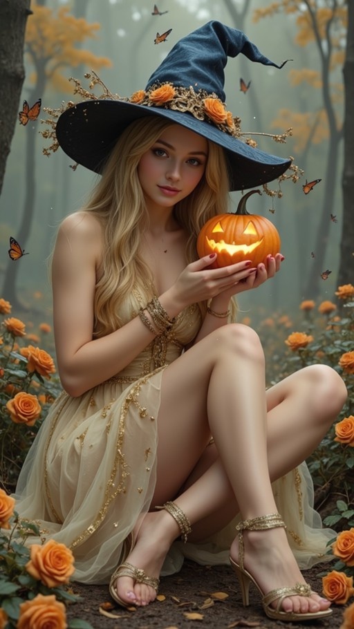 A blonde woman in a whimsical witch hat and cream dress sits among orange roses holding a small glowing pumpkin.