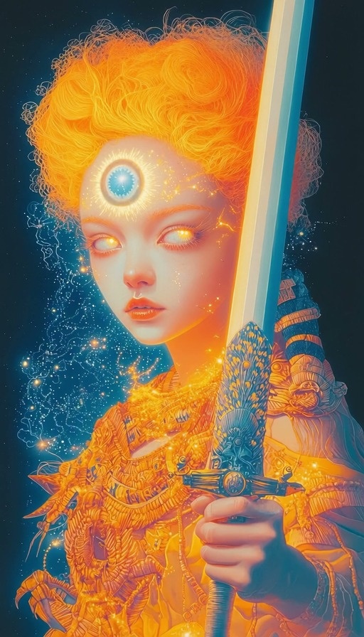 An orange-haired fantasy warrior with glowing eyes and a third eye on her forehead emerges from a cracking 2D portrait, stepping into real space while holding a sword.
